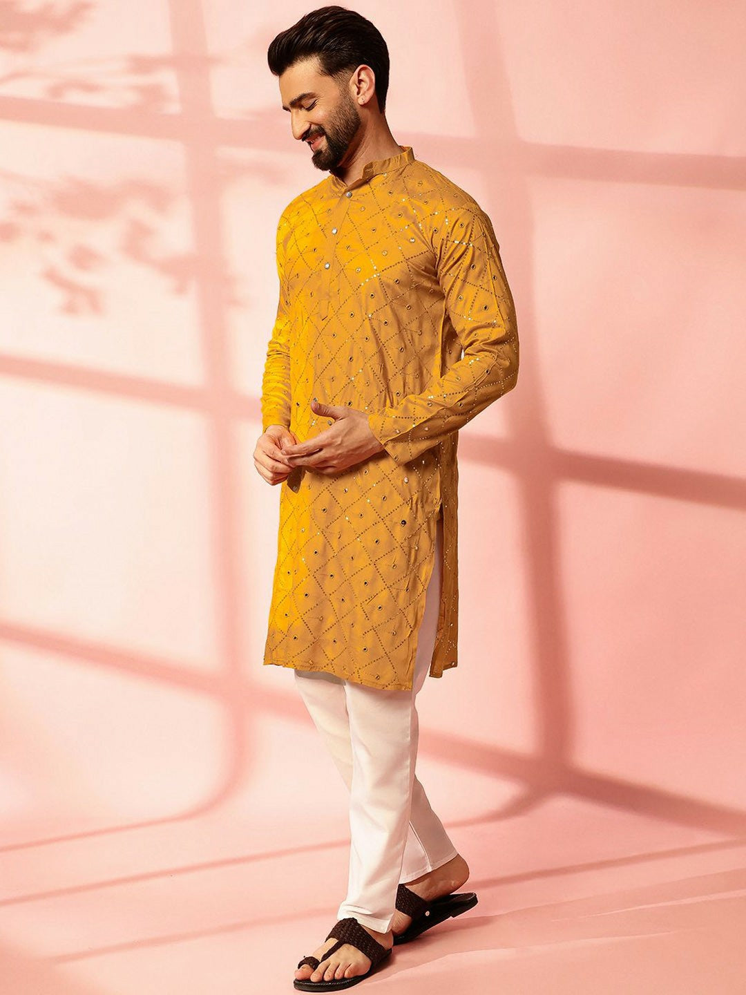 Men’s Mustard Yellow Mirror Work Embroidered Kurta Pyjama Set – Pure Cotton