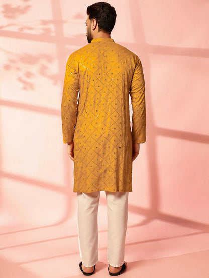 Men’s Mustard Yellow Mirror Work Embroidered Kurta Pyjama Set – Pure Cotton