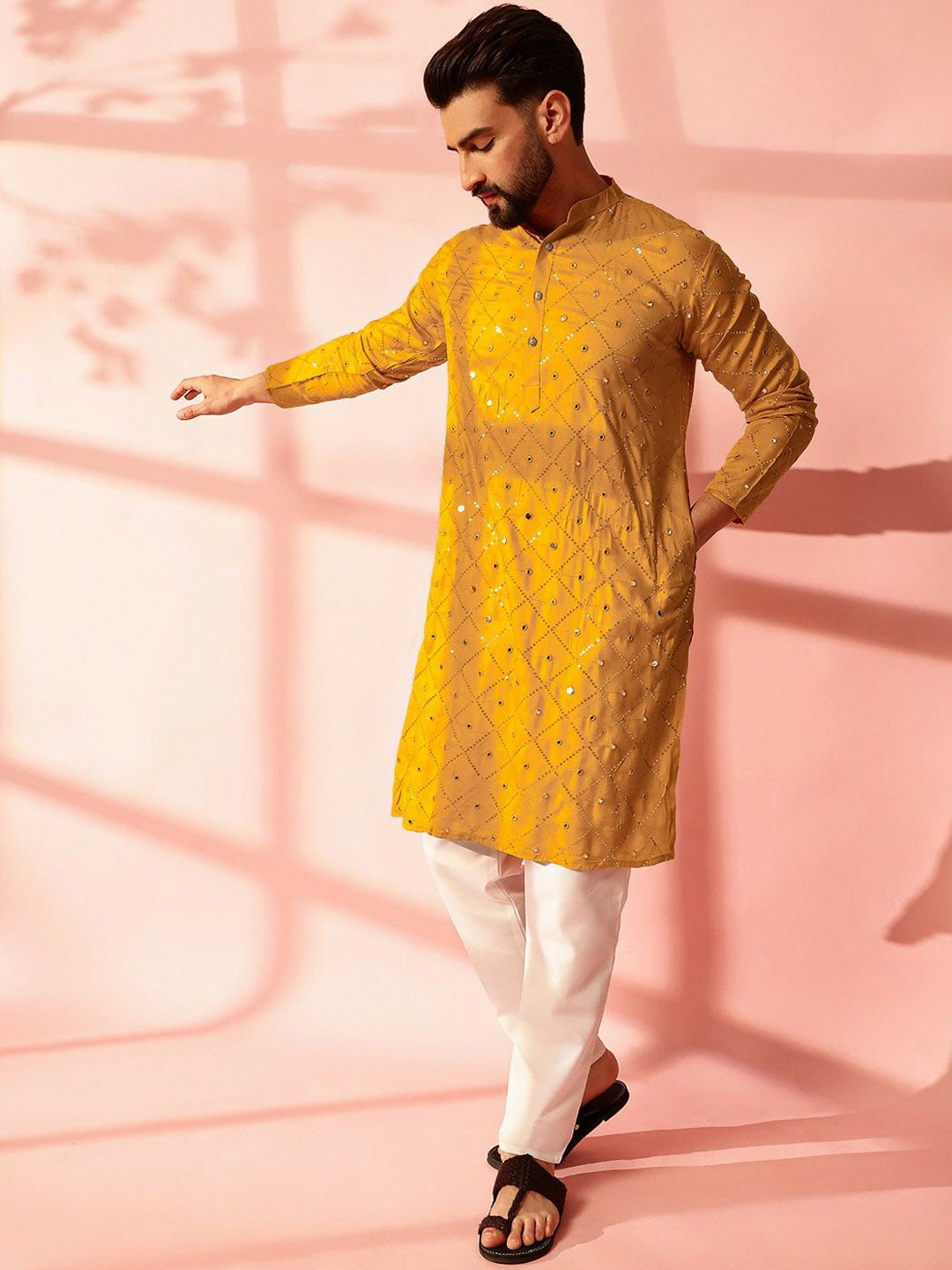 Men’s Mustard Yellow Mirror Work Embroidered Kurta Pyjama Set – Pure Cotton