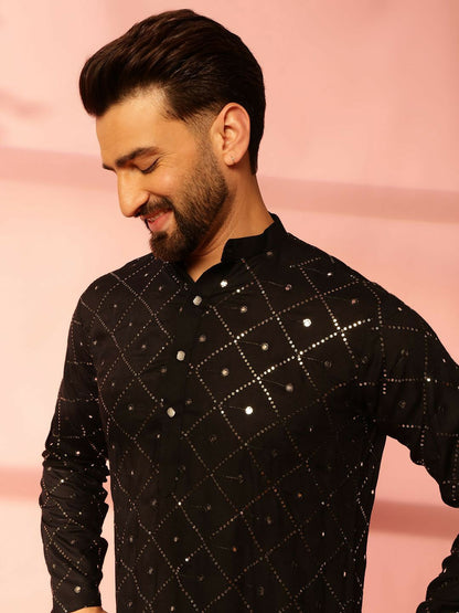 Men’s Black Mirror Work Embroidered Kurta Pyjama Set – 100% Pure Cotton