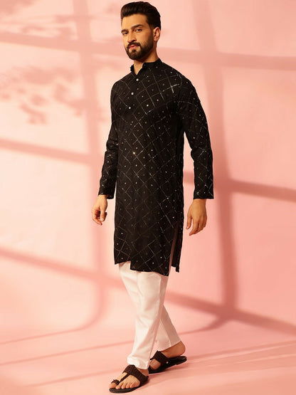 Men’s Black Mirror Work Embroidered Kurta Pyjama Set – 100% Pure Cotton