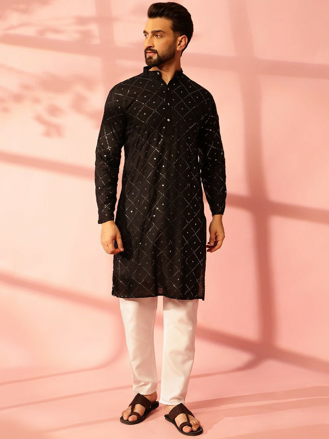 Men’s Black Mirror Work Embroidered Kurta Pyjama Set – 100% Pure Cotton