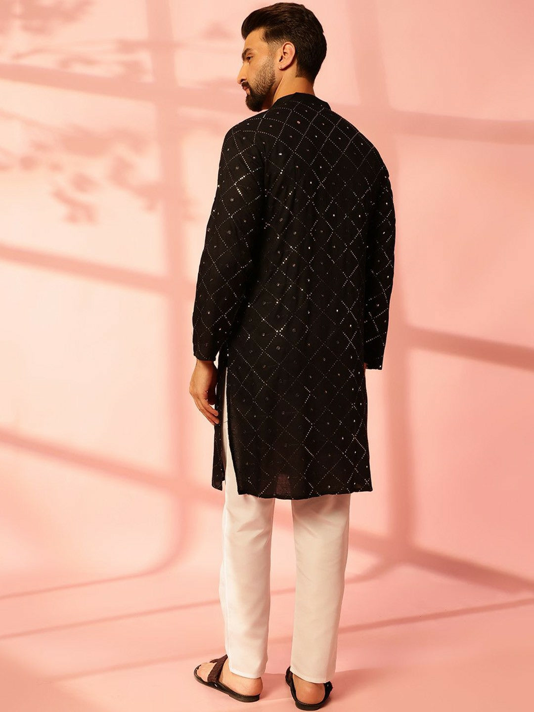 Men’s Black Mirror Work Embroidered Kurta Pyjama Set – 100% Pure Cotton