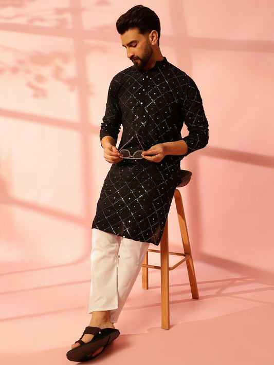 Men’s Black Mirror Work Embroidered Kurta Pyjama Set – 100% Pure Cotton