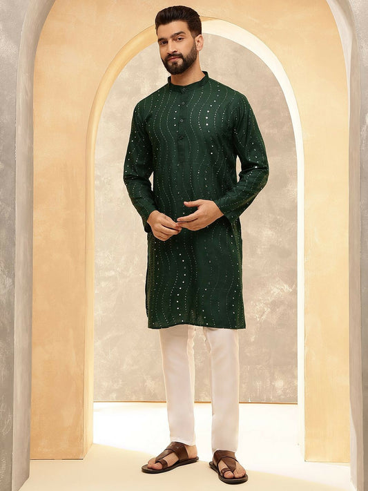 Men’s Green Sequin & Mirror Work Kurta Pyjama Set – Pure Cotton