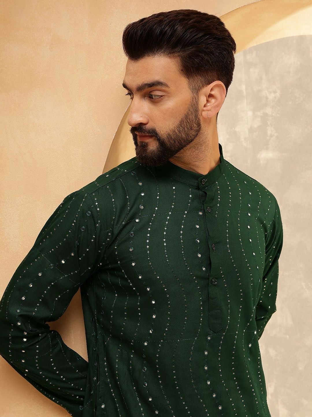 Men’s Green Sequin & Mirror Work Kurta Pyjama Set – Pure Cotton