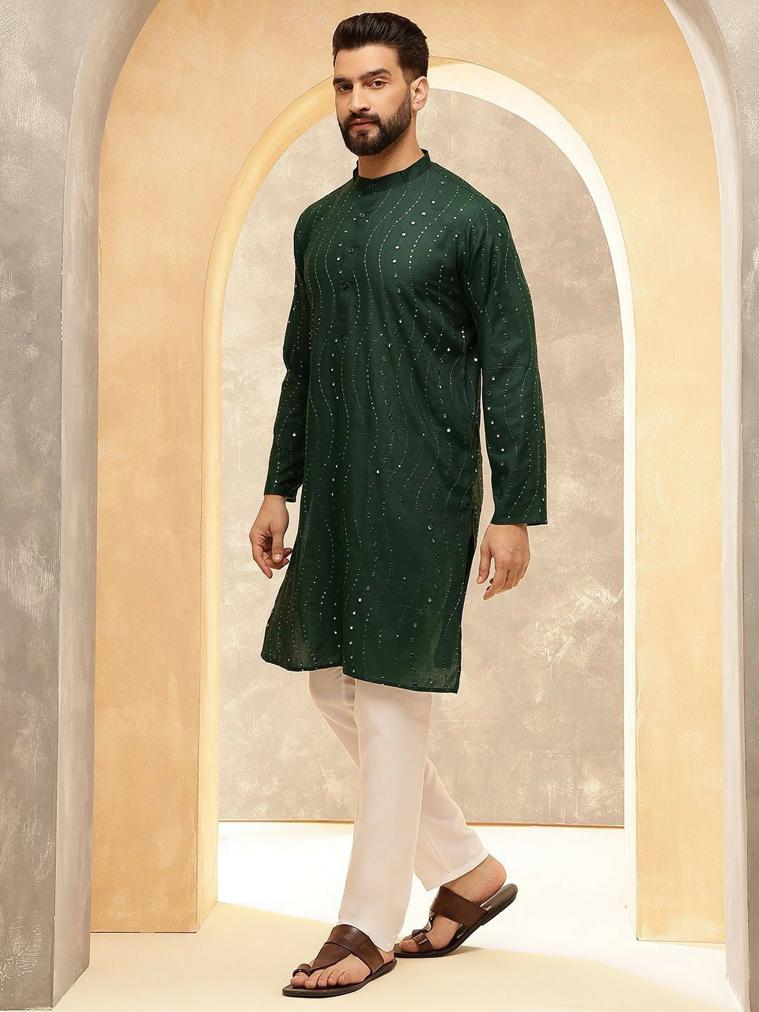 Men’s Green Sequin & Mirror Work Kurta Pyjama Set – Pure Cotton