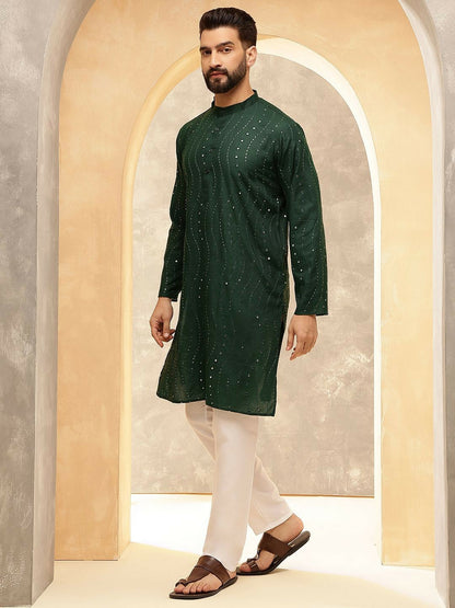 Men’s Green Sequin & Mirror Work Kurta Pyjama Set – Pure Cotton
