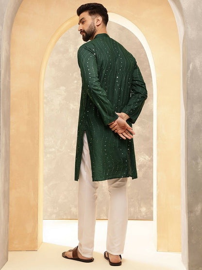 Men’s Green Sequin & Mirror Work Kurta Pyjama Set – Pure Cotton