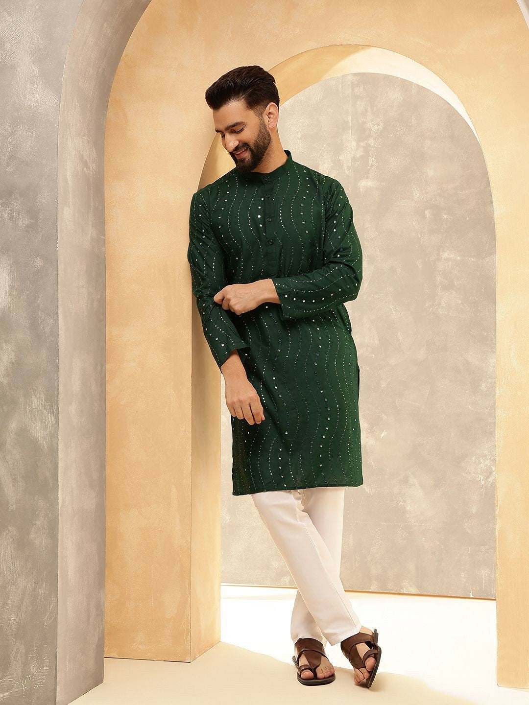 Men’s Green Sequin & Mirror Work Kurta Pyjama Set – Pure Cotton