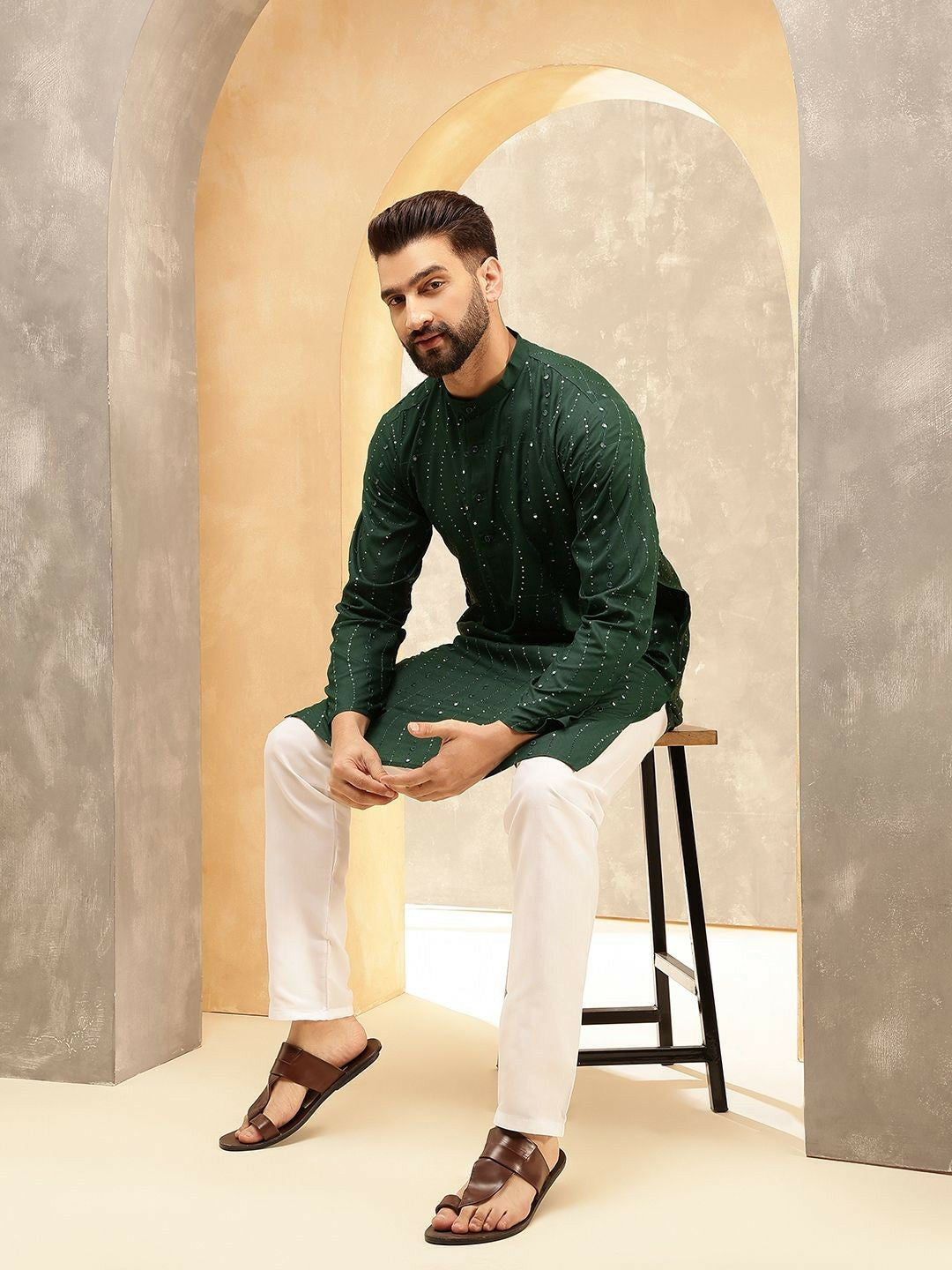 Men’s Green Sequin & Mirror Work Kurta Pyjama Set – Pure Cotton