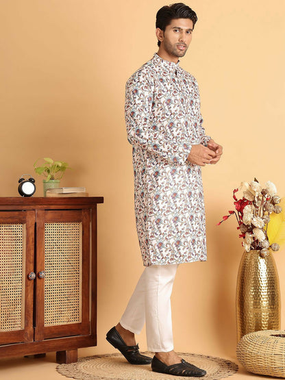 Men's Cream Floral Printed Cotton Blend Kurta Set with Pyjamas