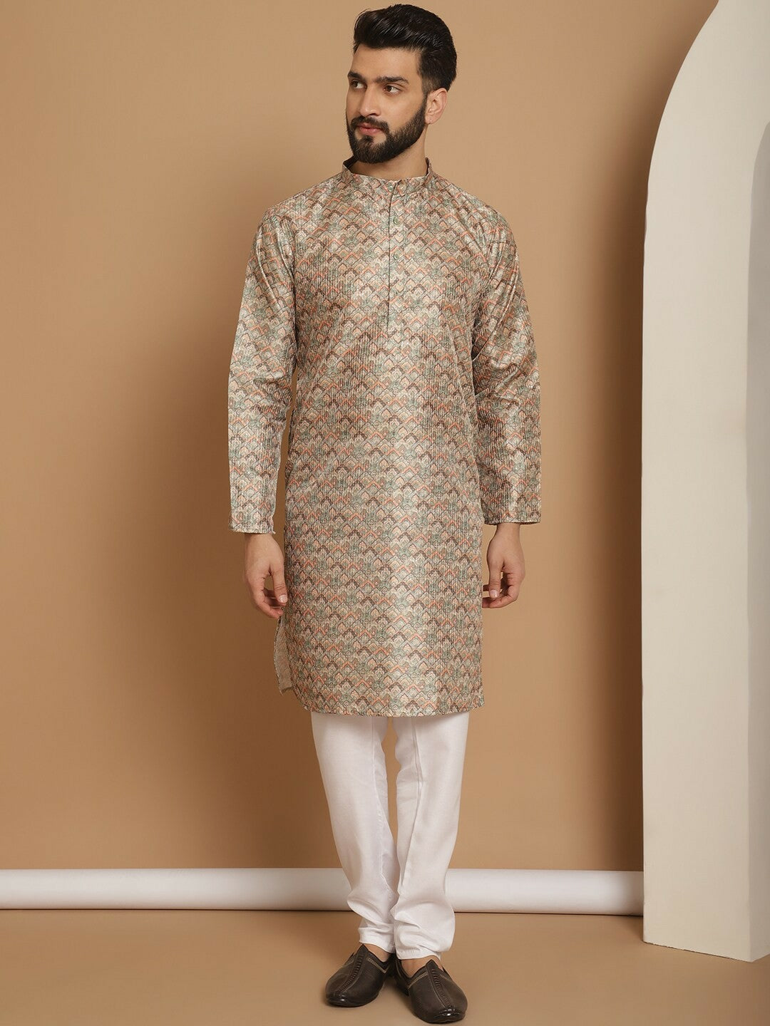 Men’s Beige Ethnic Motif Kurta Churidar Set – Jacquard Silk Blend
