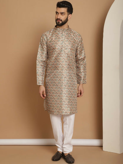 Men’s Beige Ethnic Motif Kurta Churidar Set – Jacquard Silk Blend