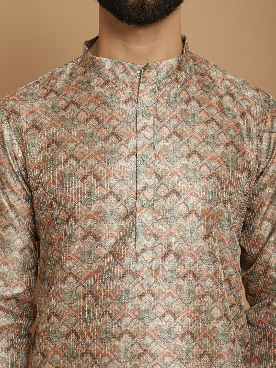 Men’s Beige Ethnic Motif Kurta Churidar Set – Jacquard Silk Blend