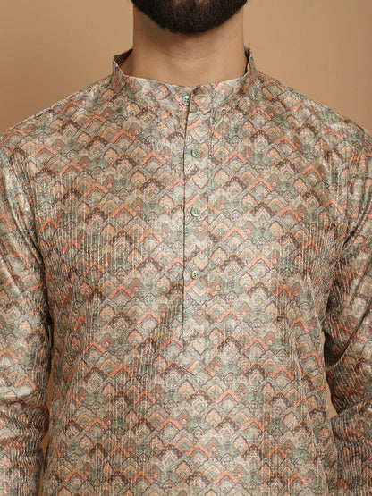 Men’s Beige Ethnic Motif Kurta Churidar Set – Jacquard Silk Blend