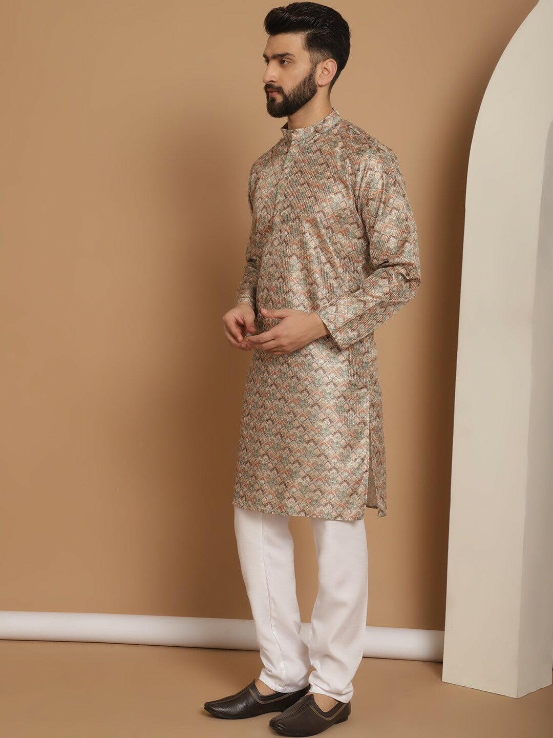 Men’s Beige Ethnic Motif Kurta Churidar Set – Jacquard Silk Blend