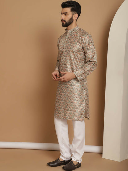 Men’s Beige Ethnic Motif Kurta Churidar Set – Jacquard Silk Blend