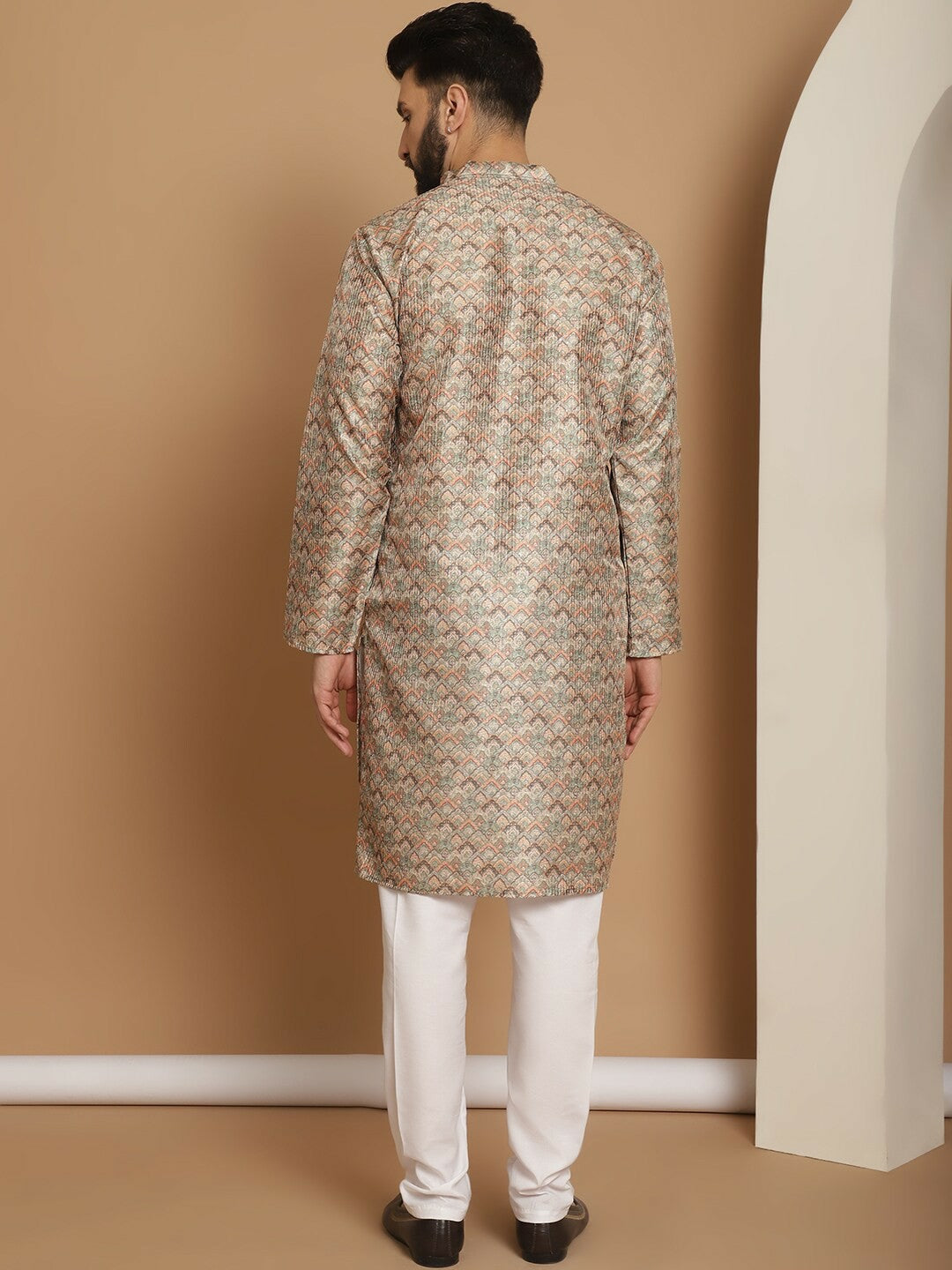 Men’s Beige Ethnic Motif Kurta Churidar Set – Jacquard Silk Blend