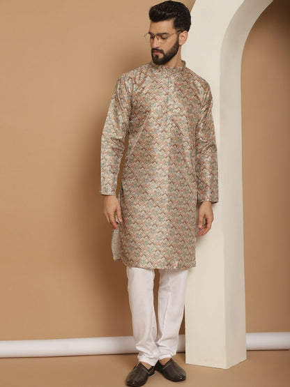 Men’s Beige Ethnic Motif Kurta Churidar Set – Jacquard Silk Blend