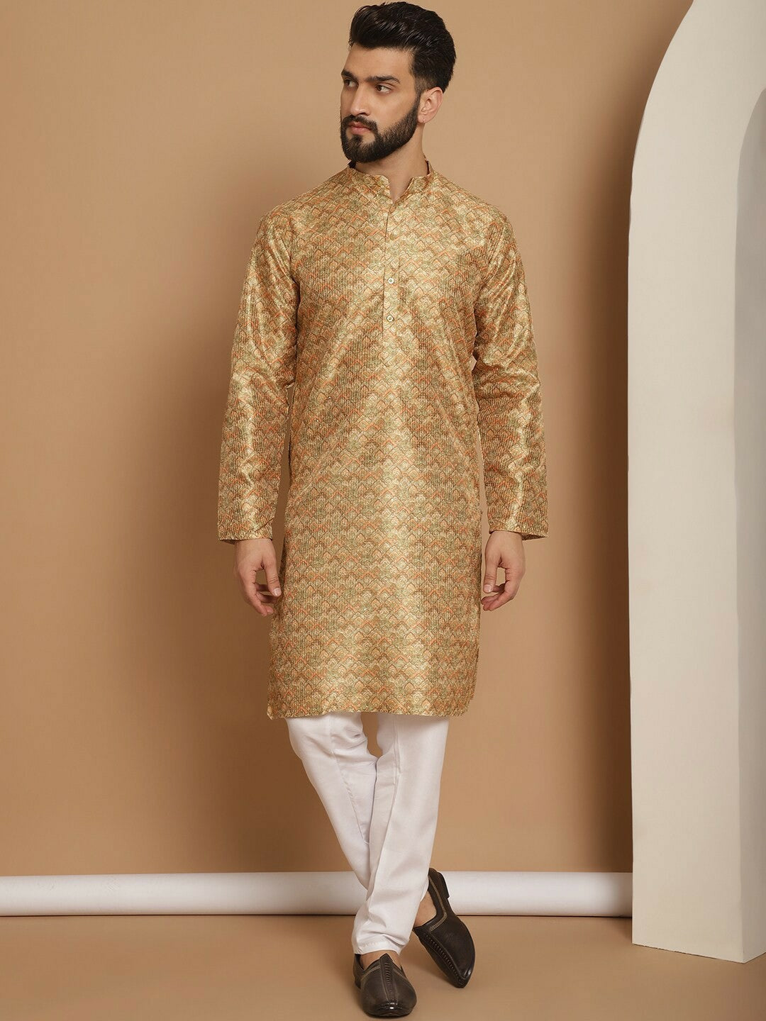 Men’s Mustard Yellow Printed Kurta with Churidar | Indiaista
