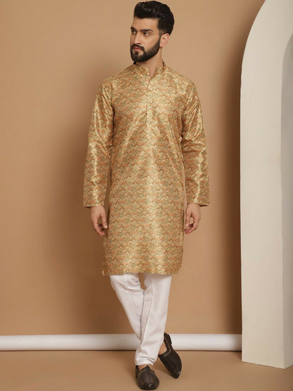 Men’s Mustard Yellow Printed Kurta with Churidar | Indiaista