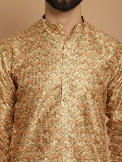 Men’s Mustard Yellow Printed Kurta with Churidar | Indiaista