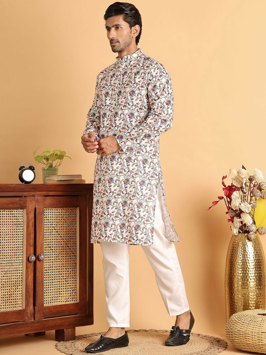 Men's Cream Floral Printed Cotton Blend Kurta Set with Pyjamas