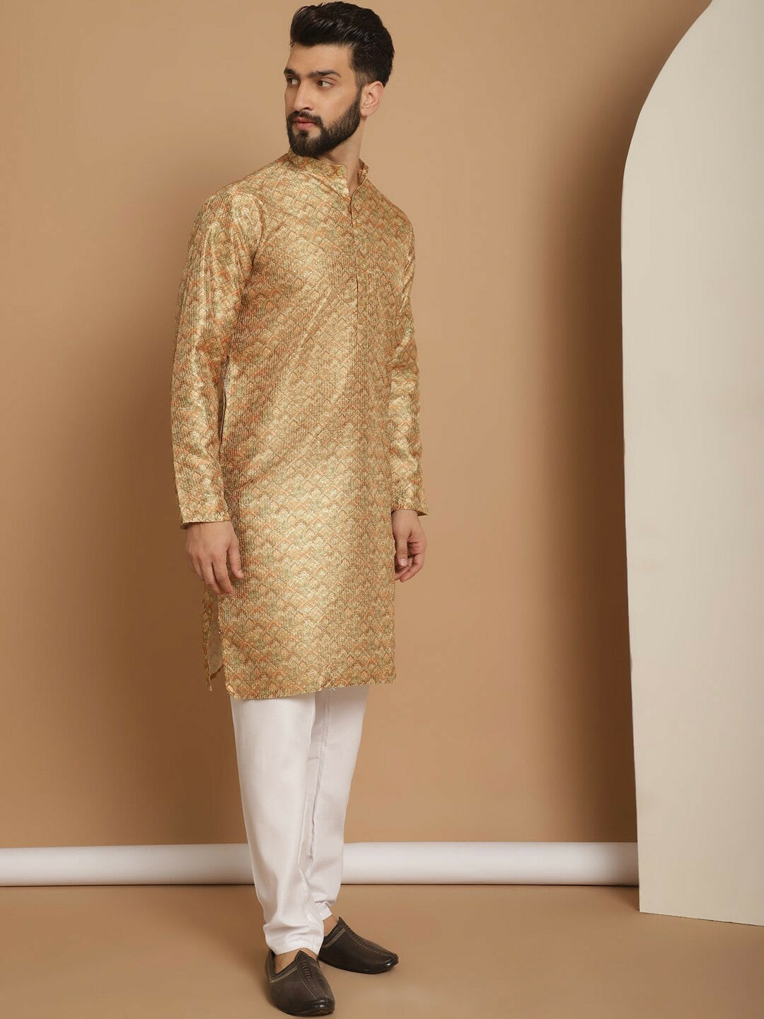 Men’s Mustard Yellow Printed Kurta with Churidar | Indiaista