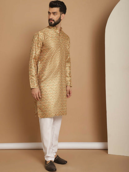 Men’s Mustard Yellow Printed Kurta with Churidar | Indiaista