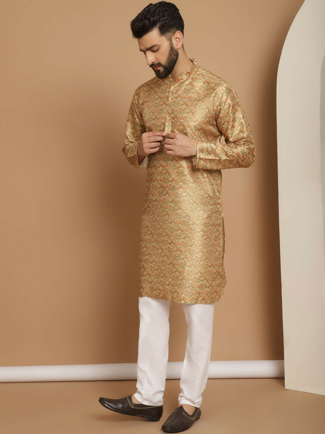 Men’s Mustard Yellow Printed Kurta with Churidar | Indiaista