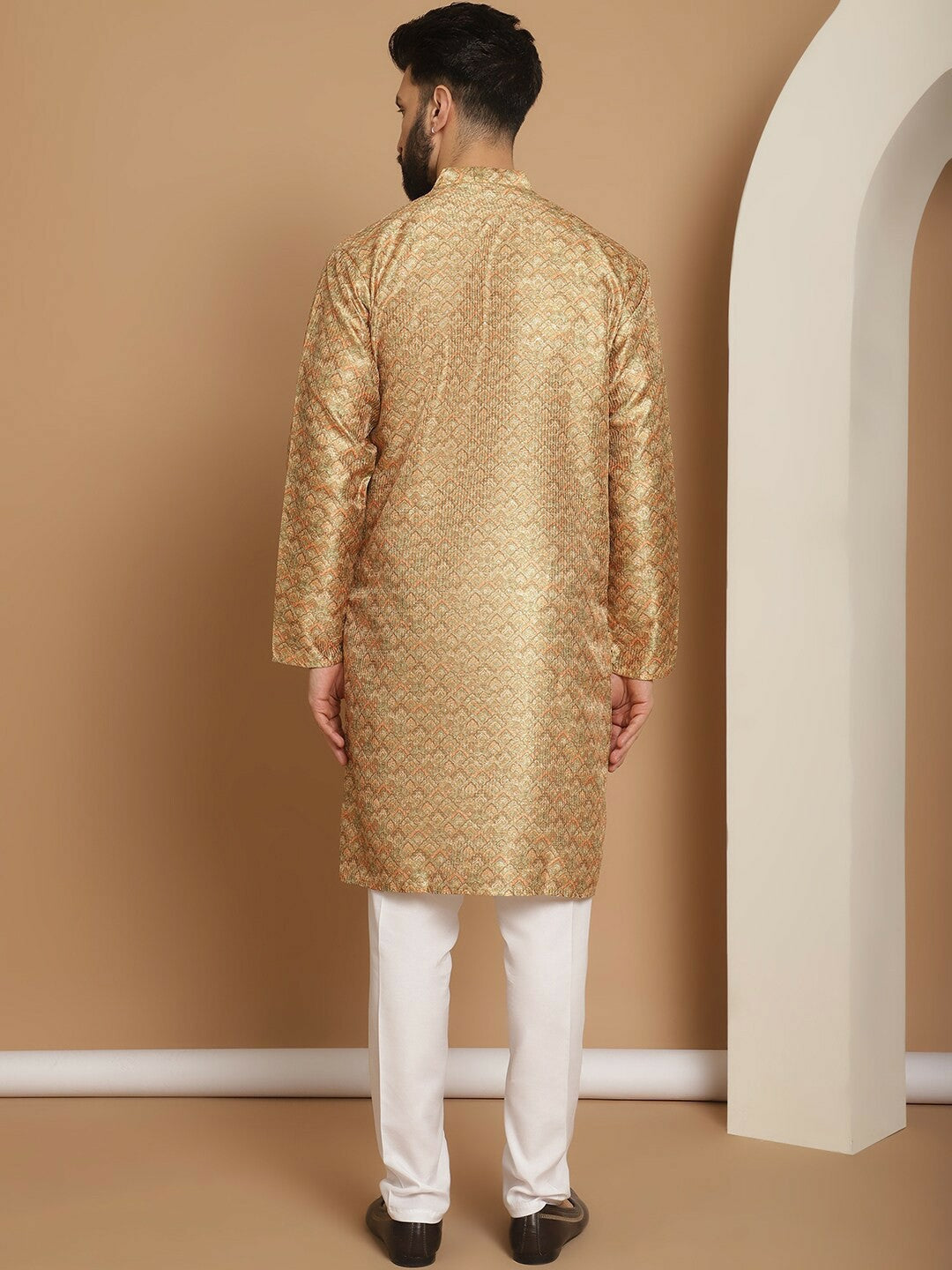 Men’s Mustard Yellow Printed Kurta with Churidar | Indiaista