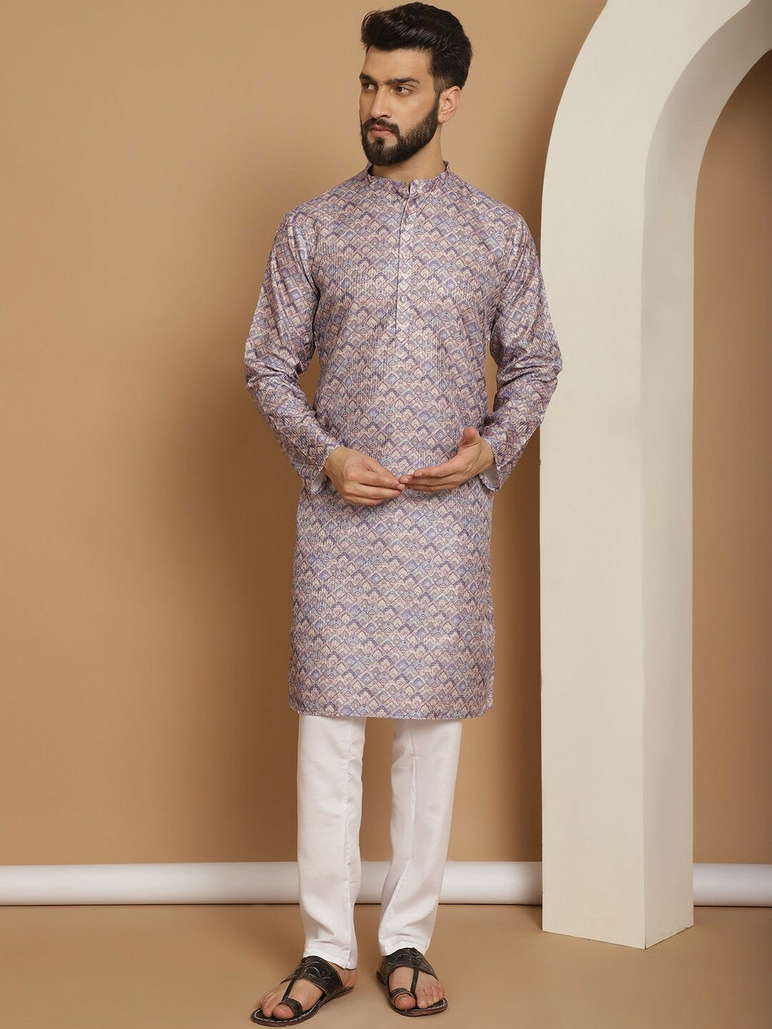 Men’s Purple Printed Kurta with Churidar