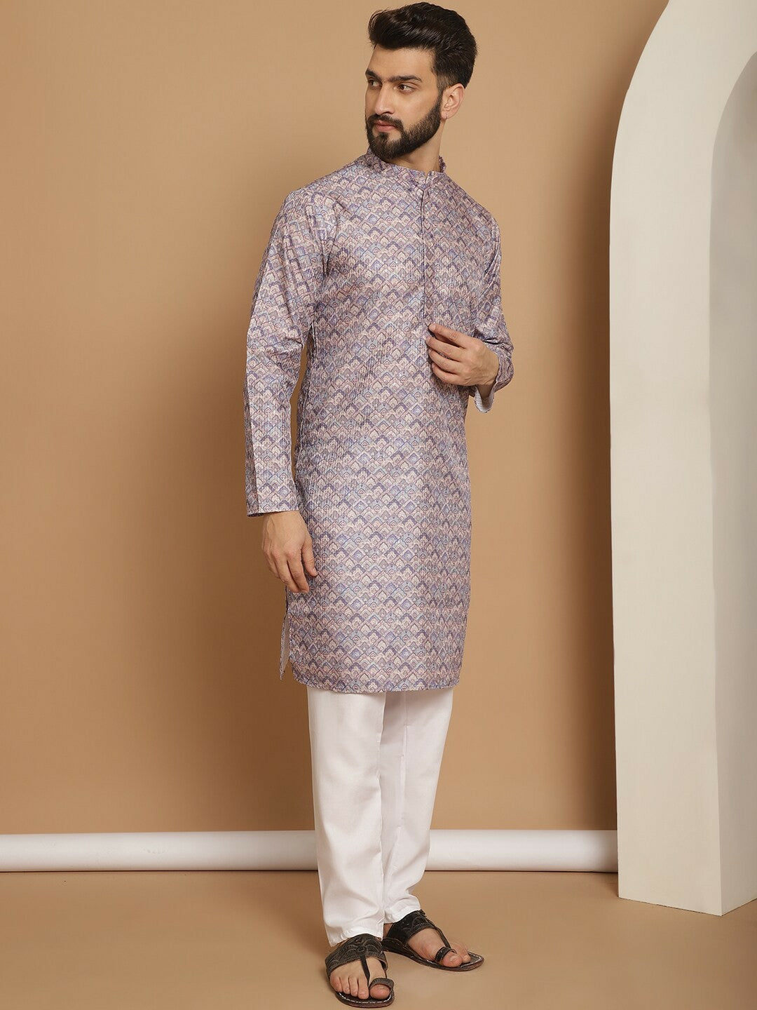 Men’s Purple Printed Kurta with Churidar