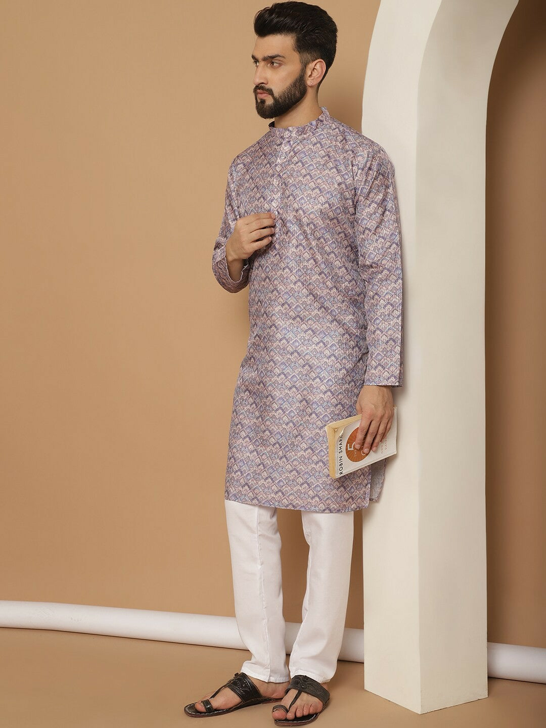 Men’s Purple Printed Kurta with Churidar