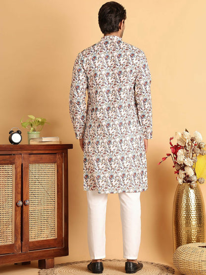 Men's Cream Floral Printed Cotton Blend Kurta Set with Pyjamas