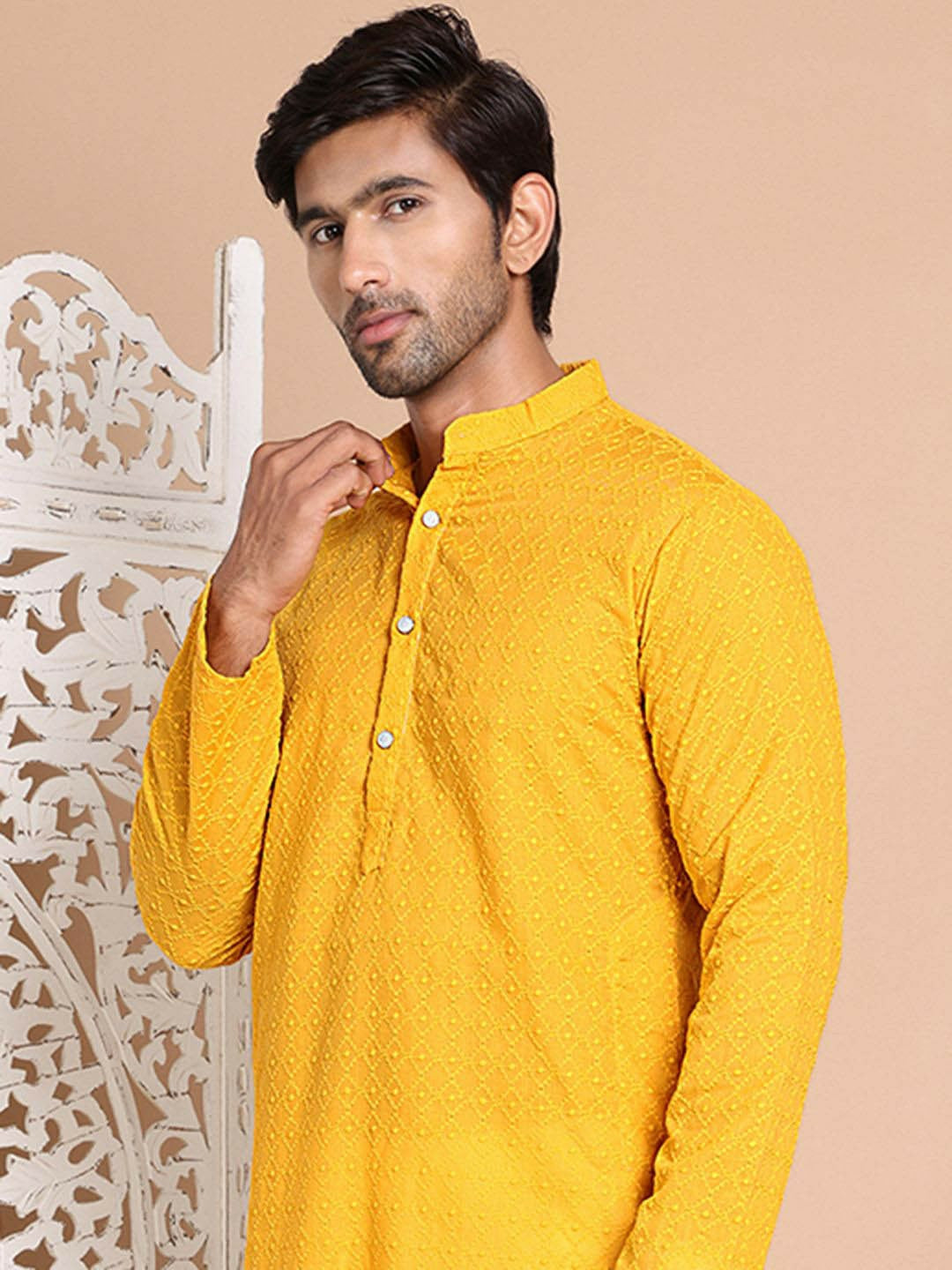 Men’s Mustard Yellow Embroidered Kurta with Pyjamas