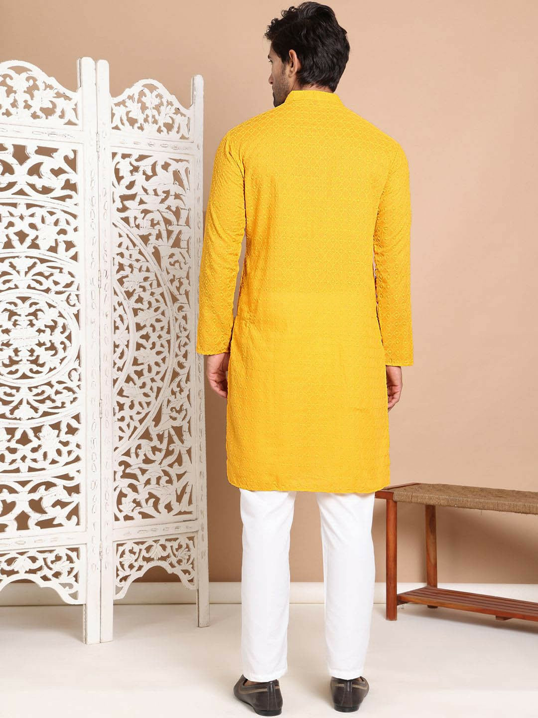 Men’s Mustard Yellow Embroidered Kurta with Pyjamas