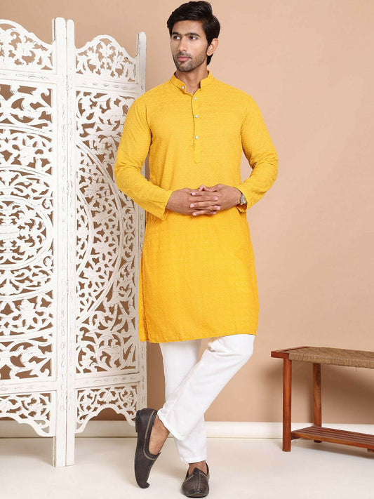Men’s Mustard Yellow Embroidered Kurta with Pyjamas