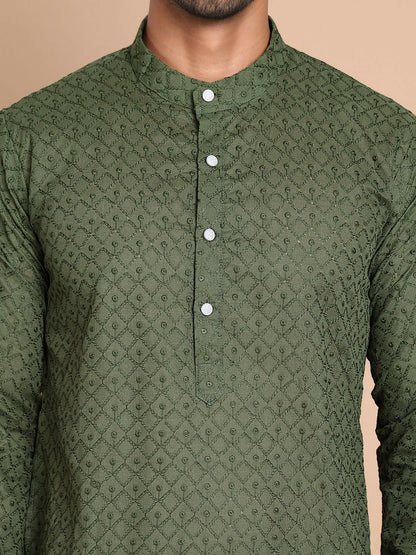 Men’s Olive Green Embroidered Kurta with Pyjamas