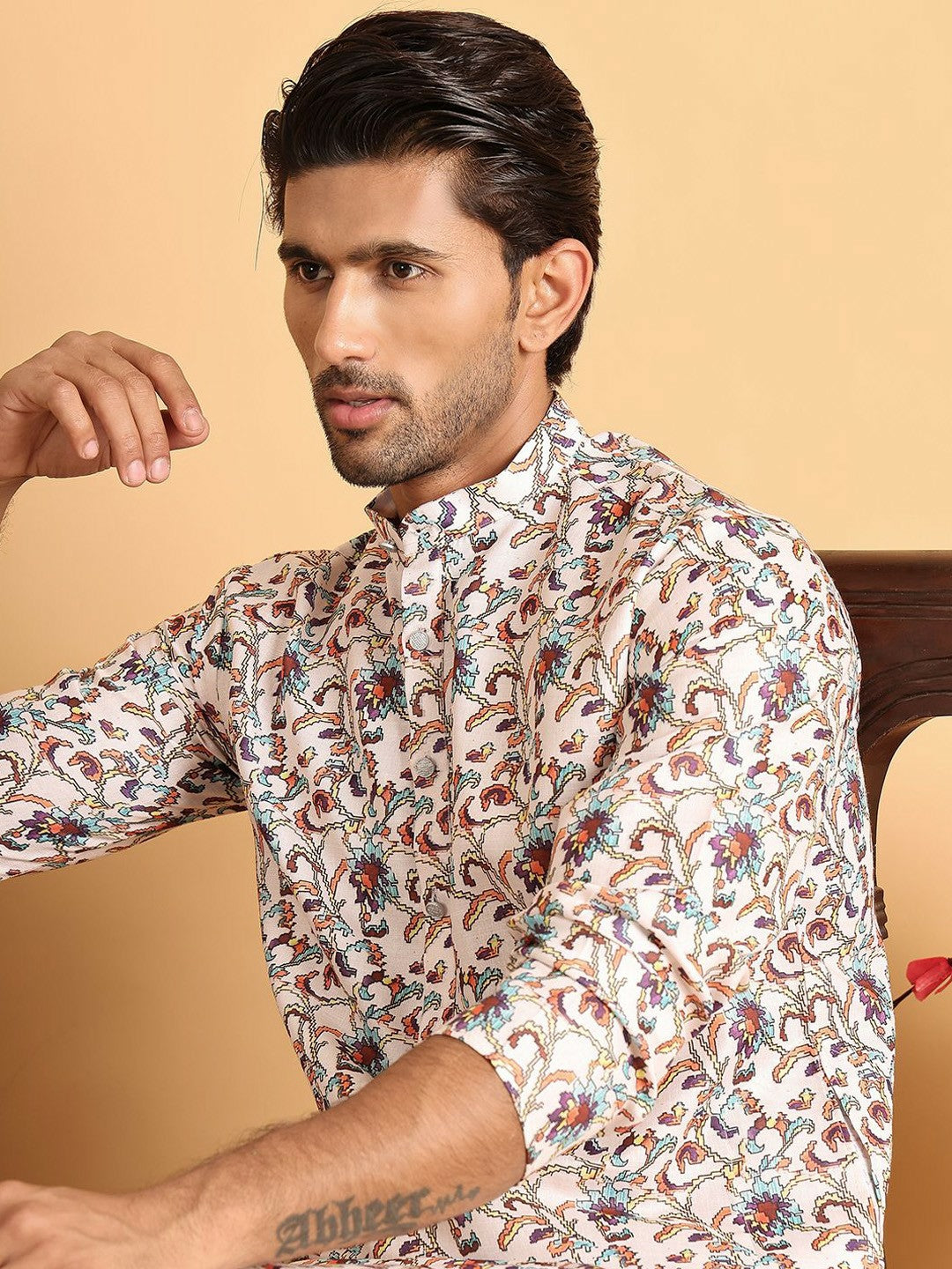 Men's Cream Floral Printed Cotton Blend Kurta Set with Pyjamas