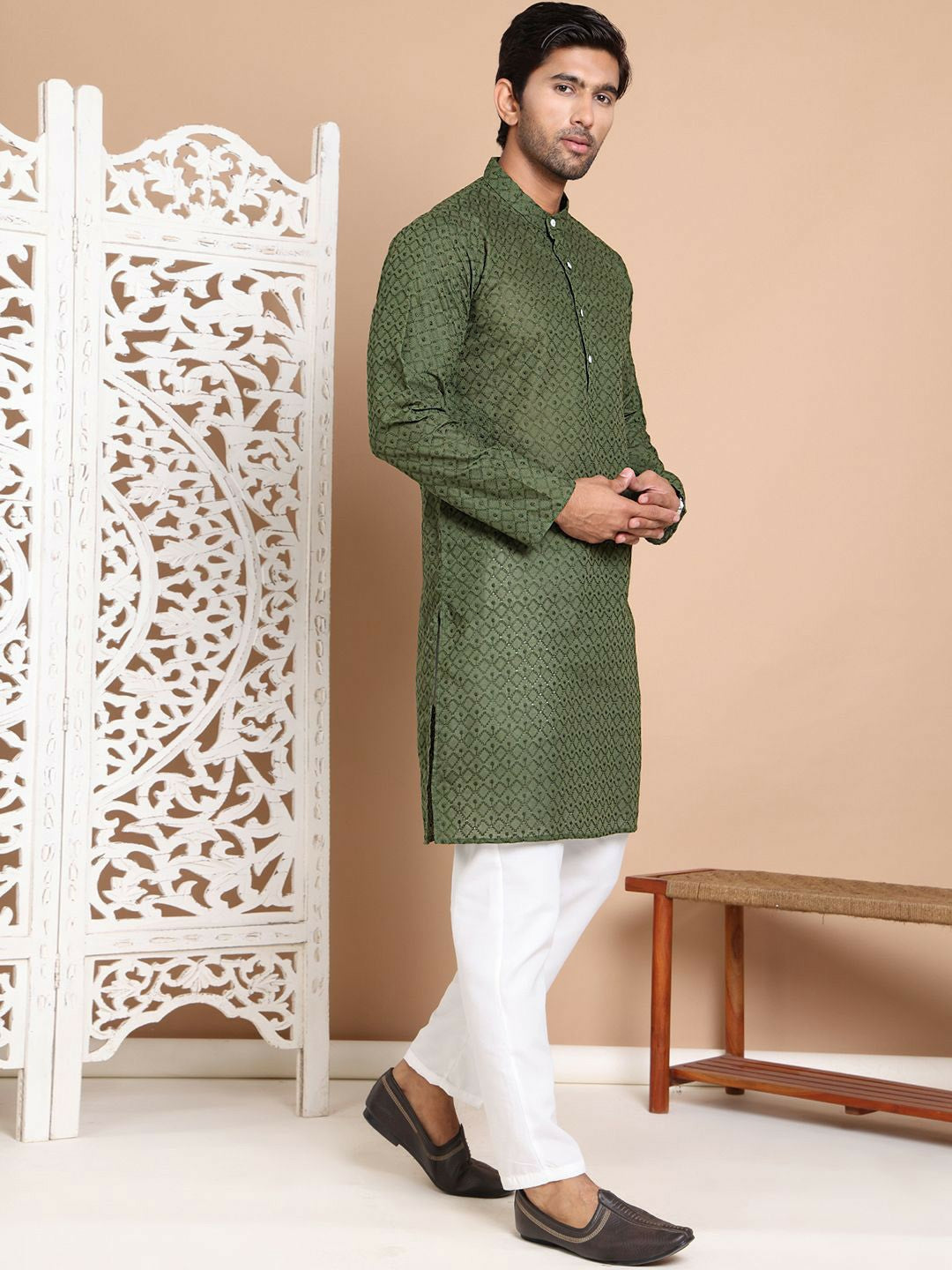 Men’s Olive Green Embroidered Kurta with Pyjamas