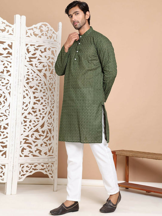Men’s Olive Green Embroidered Kurta with Pyjamas