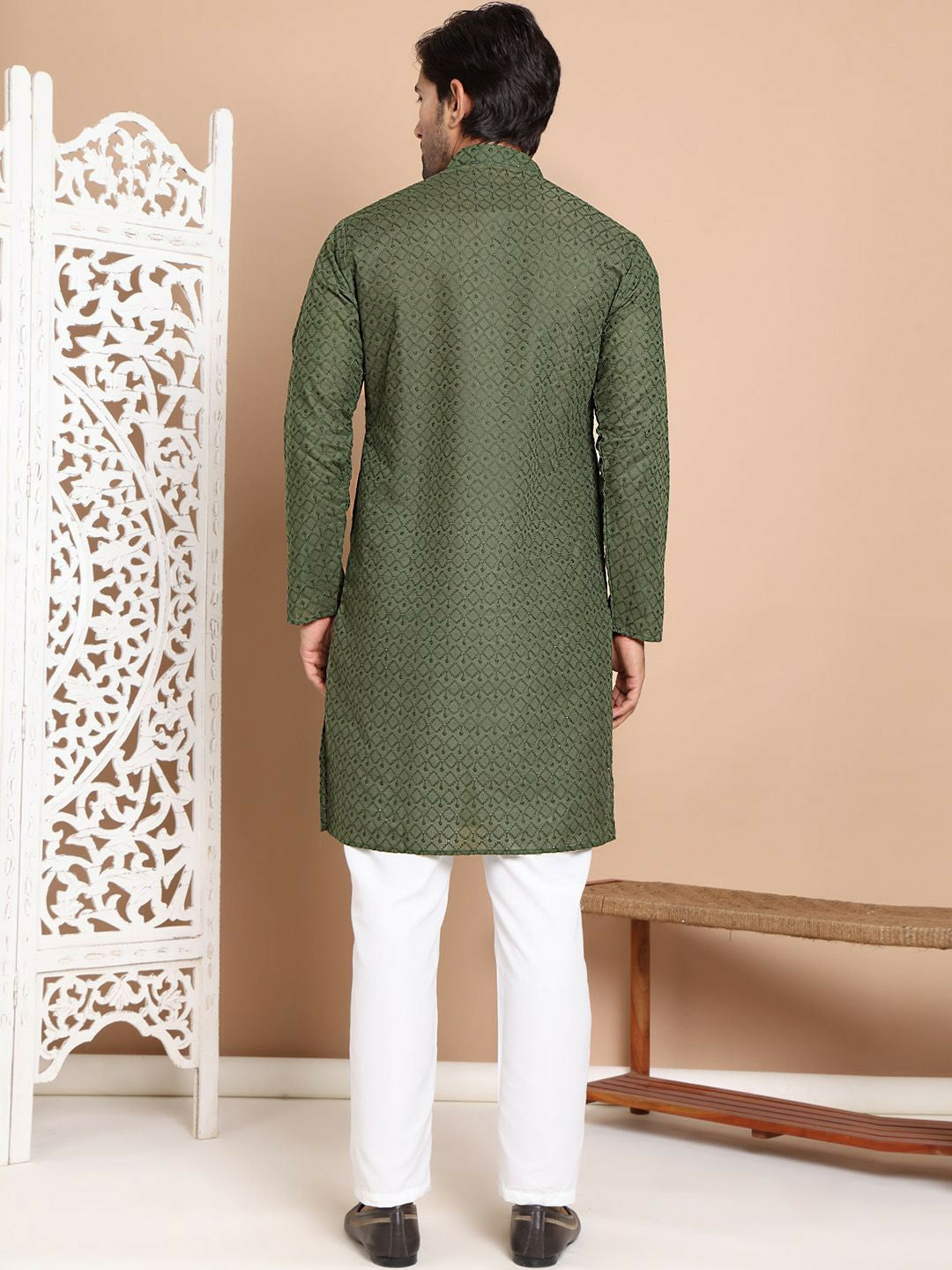 Men’s Olive Green Embroidered Kurta with Pyjamas