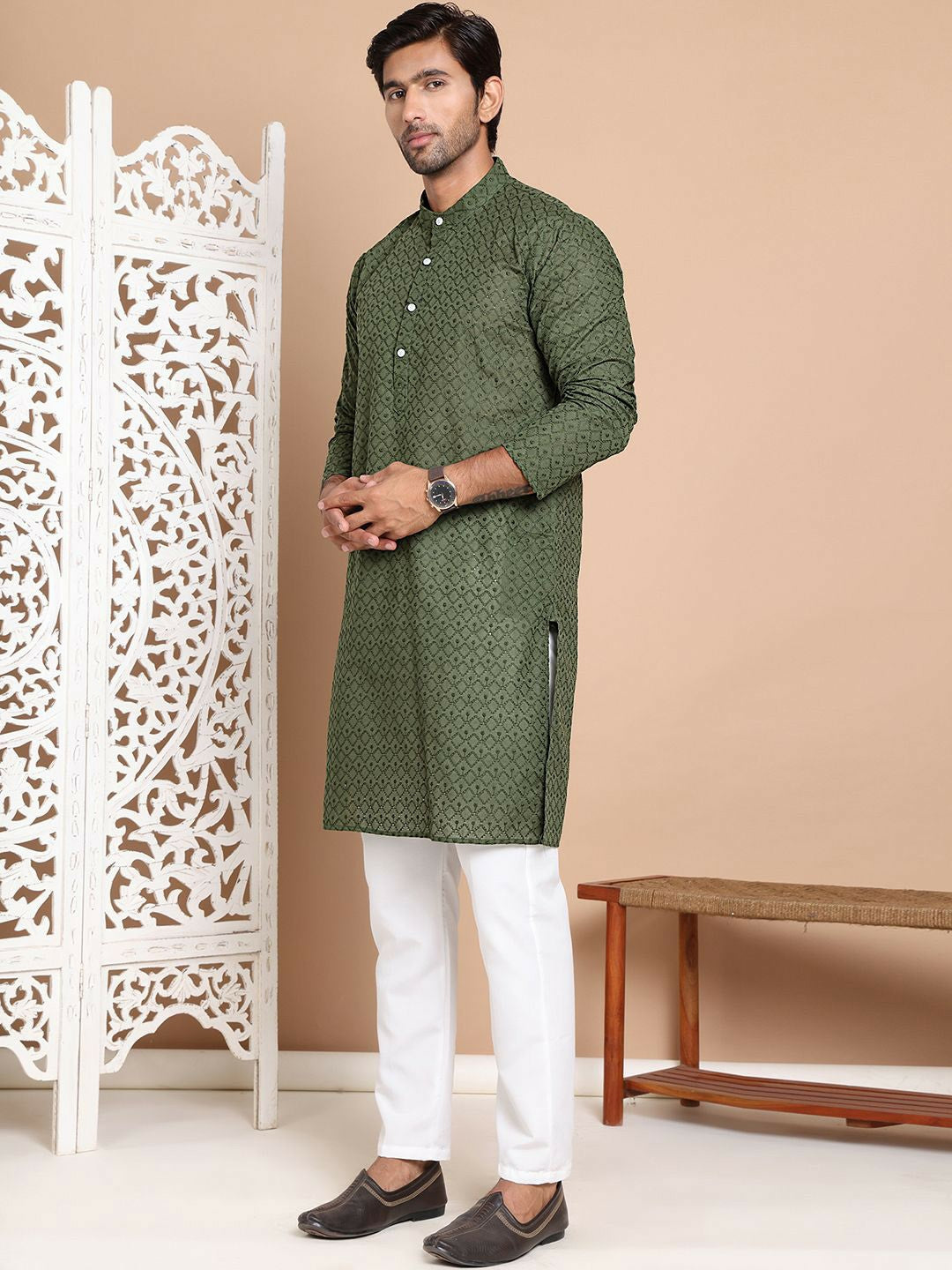Men’s Olive Green Embroidered Kurta with Pyjamas