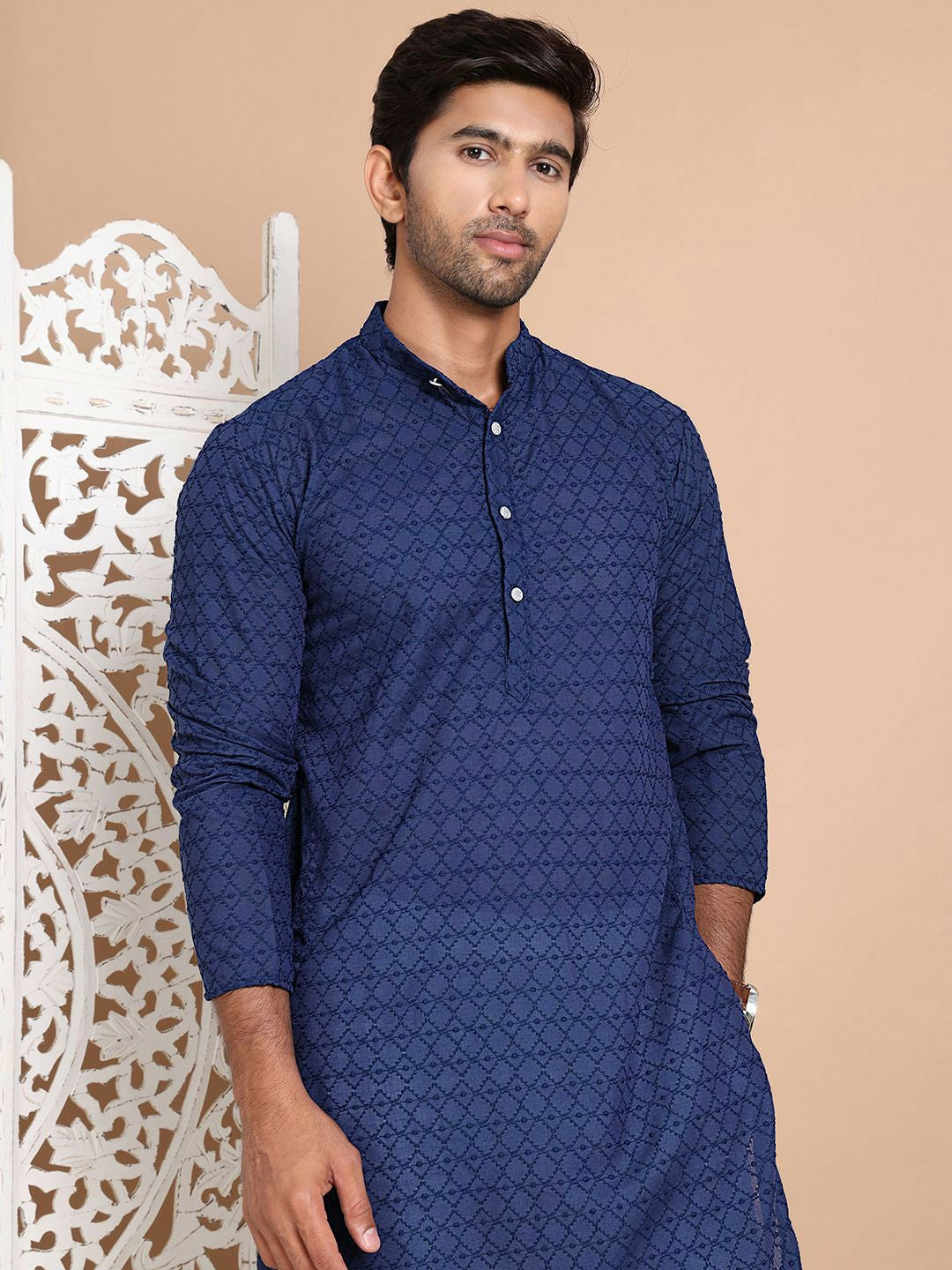Men’s Navy Blue Embroidered Kurta with Pyjamas