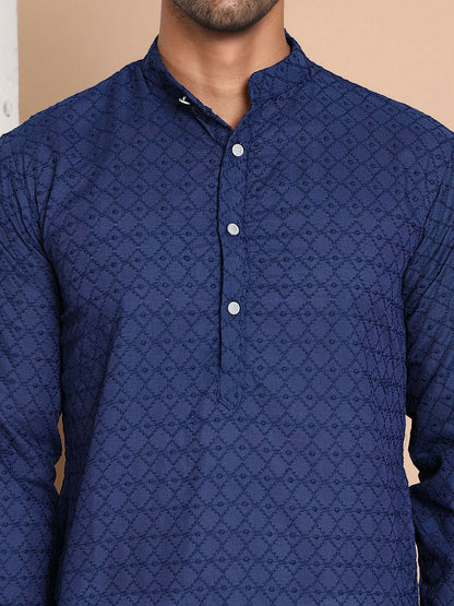Men’s Navy Blue Embroidered Kurta with Pyjamas