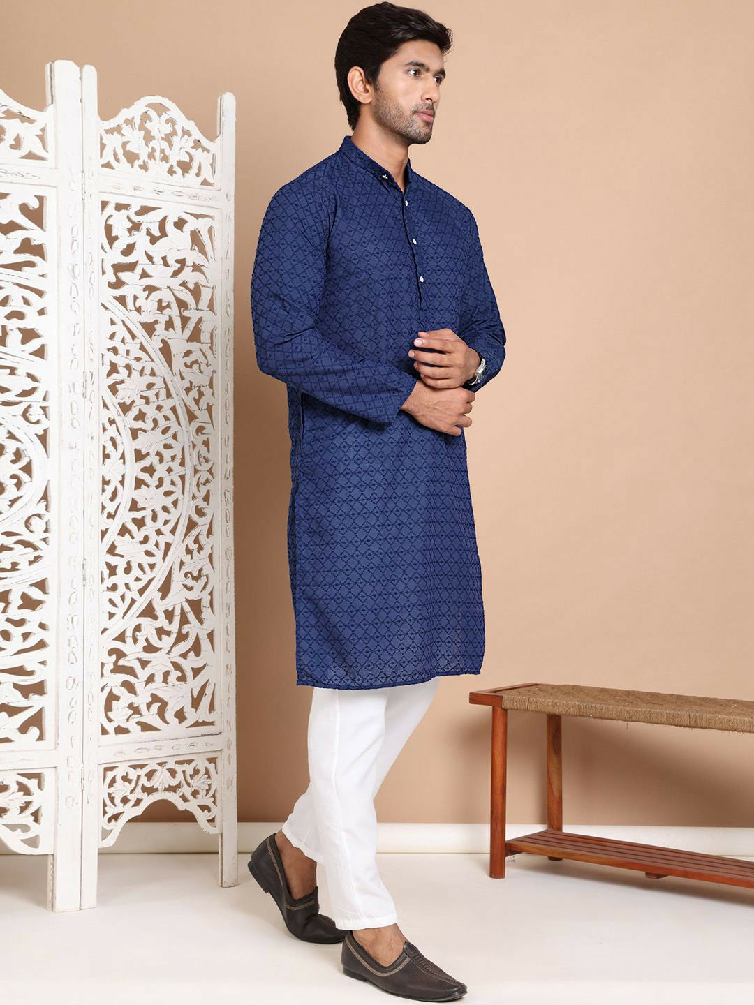 Men’s Navy Blue Embroidered Kurta with Pyjamas