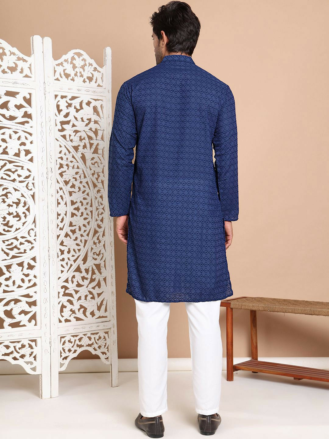 Men’s Navy Blue Embroidered Kurta with Pyjamas