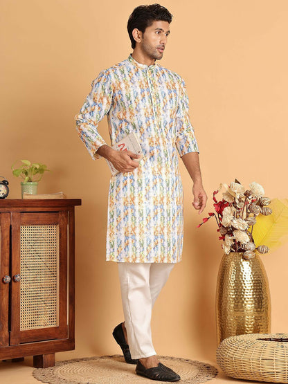 Men's White Floral Printed Kurta Set with Pyjamas – Indiaista